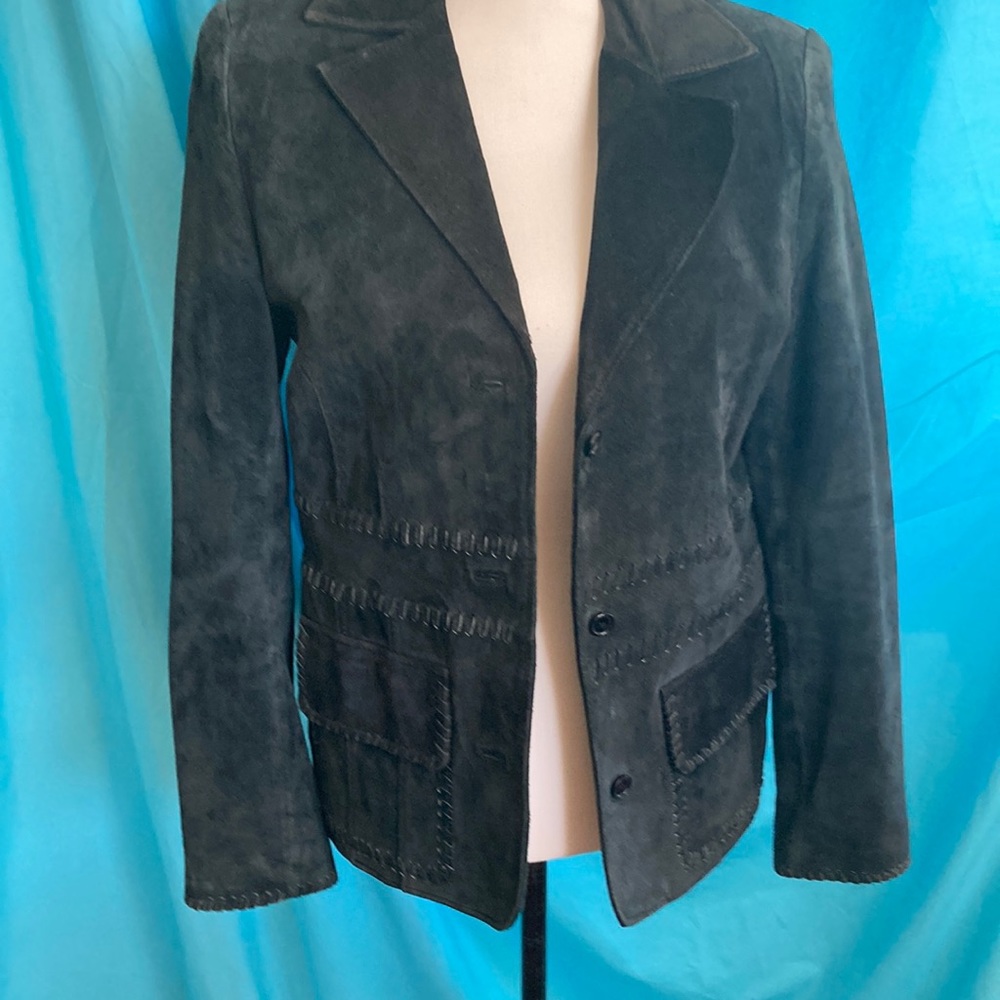 VINTAGE black suede jacket with detail on pockets, waist & sleeves